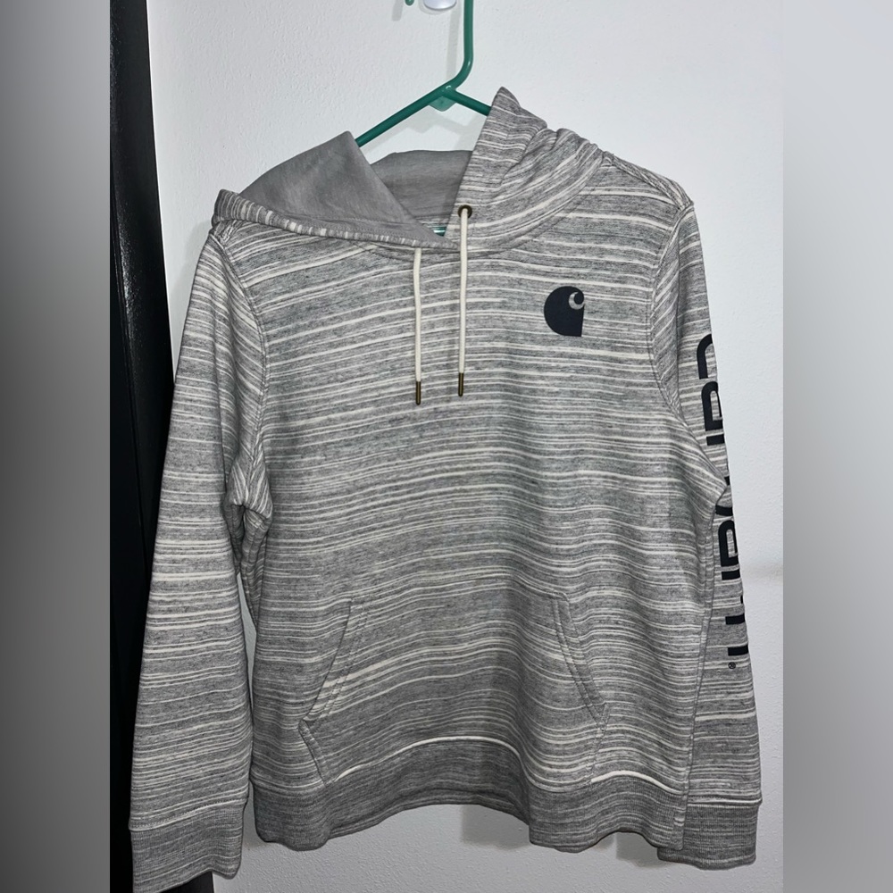 Carhartt Gray Striped Fleece Women’s L (12-14) Logo Hoodie Sweatshirt